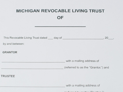 Paper copy of a legal document that's titled Michigan Revocable Living Trust