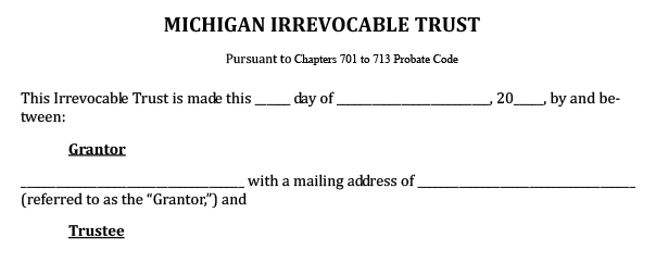 Blank example of a Michigan irrevocable trust form to give an idea of what a special needs trust entails