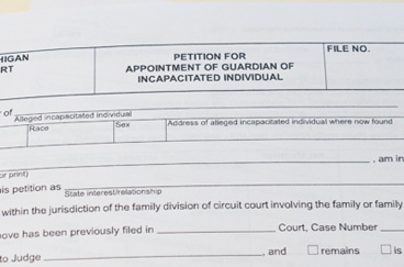 Legal document for the petition for appointment of guardianship of an incapacitated individual