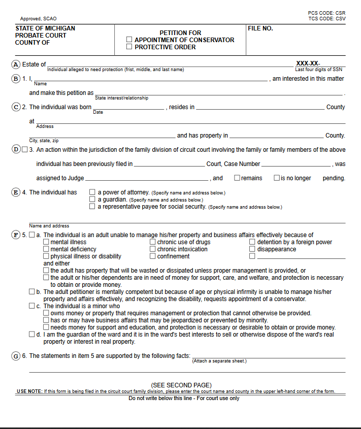 Blank legal form used to appoint conservatorship in Michigan