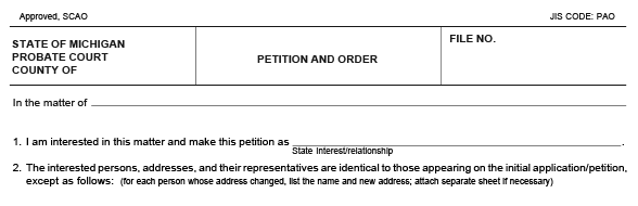 Example of an Oakland County Probate Court form that's titled petition and order
