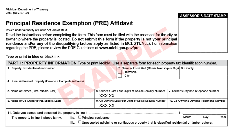 Example form for a Principal Residence Exemption Pre-Affidavit